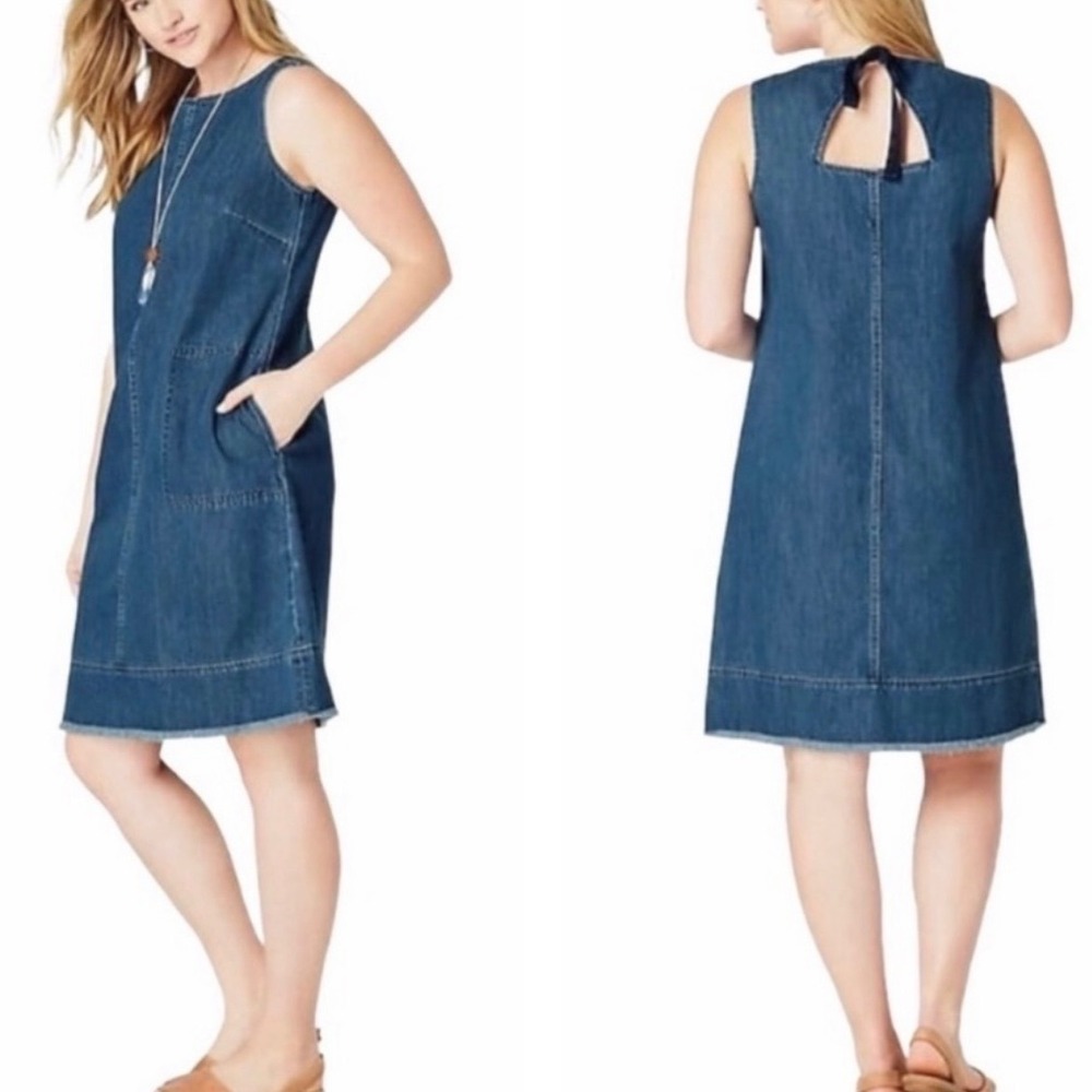 J. Jill Denim Sleeveless Shift Dress Medium Wash Frayed Hem Tie Back Petite M
